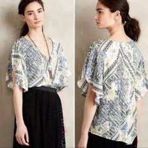 Anthropologie Maeve Maya Blouse Sz 10 Floral Flutter Sleeve Pleated Cottage Boho